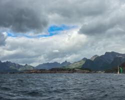 One of the traditional boats against the backdrop of the Lofoten Islands